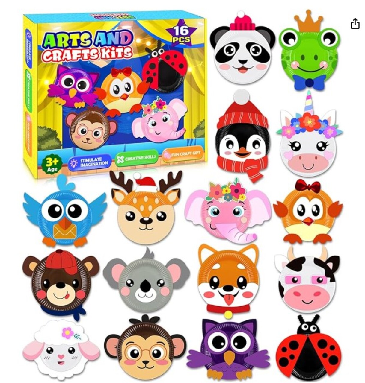 Toddler Crafts, 16 Pack Arts and Crafts for Kids Animal Paper Plate Art Kit for Boys and Girls Ages 3 to 6 DIY Birthday Party Favors for Kids Games for Preschool Classroom Christmas Parties